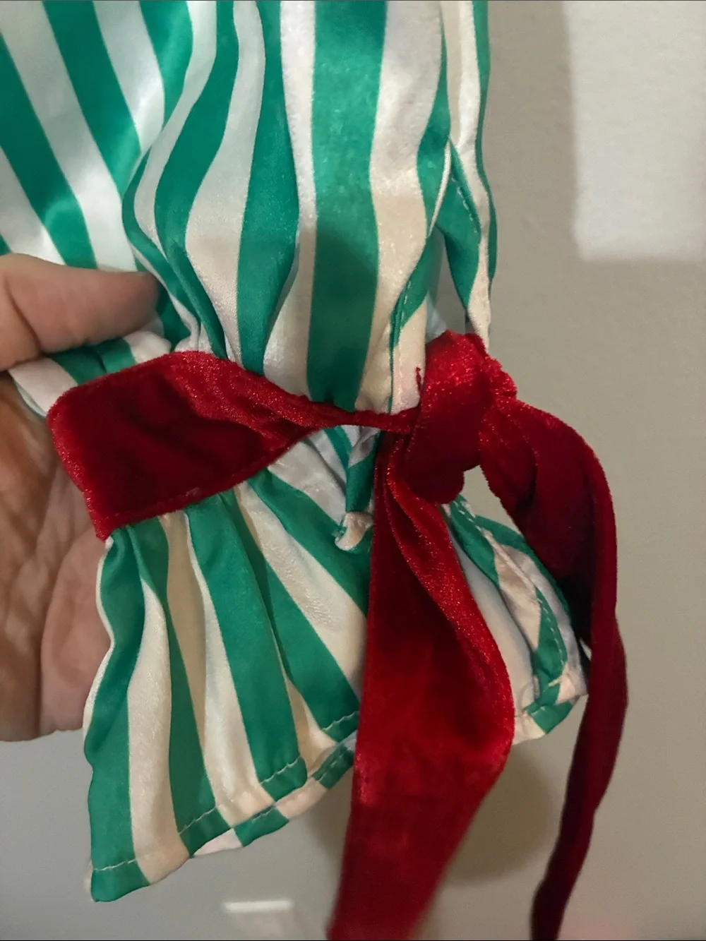 Altar'd State Green and White Striped Satin Pajama Top with Red Trim